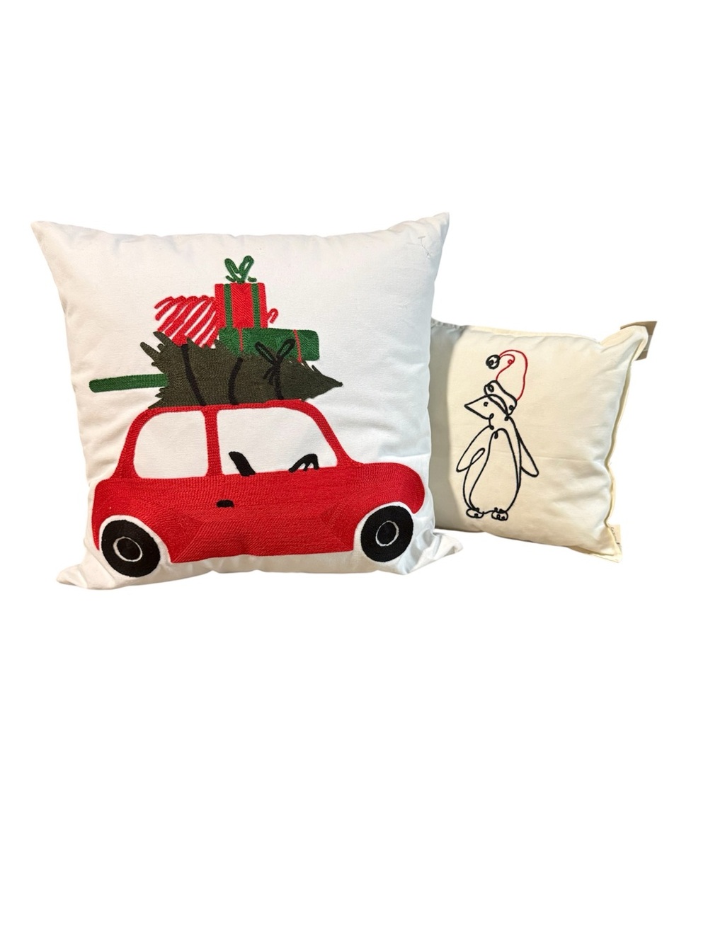 New 2 Christmas Decor Throw Pillows Red Car Penguin Holiday Winter White
